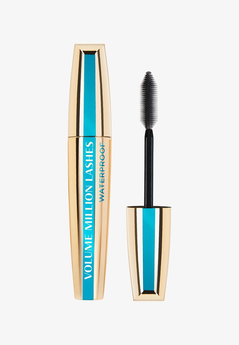 Złota i turkusowa tuba tuszu do rzęs o eleganckim designie, z napisem "VOLUME MILLION LASHES WATERPROOF". W zestawie czarna szczoteczka aplikatora.