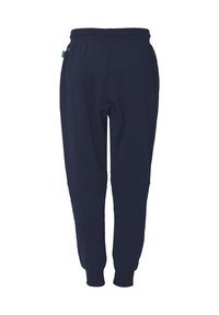 Marineblauwe sweatpants van zachte stof, met een taps toelopend ontwerp, een elastische tailleband en zonder zichtbare zakken of versieringen.