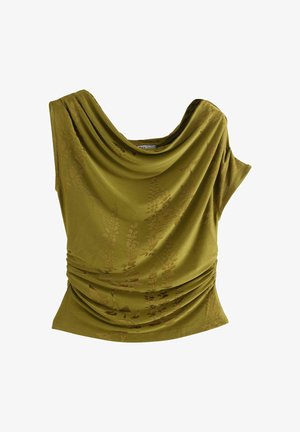 Olive green sleeveless top with draped neckline, subtle floral jacquard pattern, and gathered detailing at the waist.