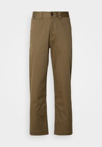 Brown, straight-leg pants made of woven fabric. Features a button closure, side pockets, and a smooth texture. Tailored fit.