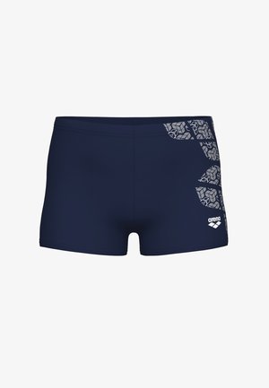 Shorts de bain bleu marine avec un motif géométrique gris sur le côté gauche et un logo Arena blanc à l'avant. Tissu lisse et extensible.