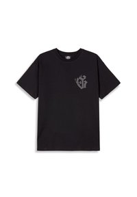 Zwarte katoenen t-shirt met korte mouwen. Heeft een grijs vlam-stijl logo op de linkerborst. Eenvoudige ronde halslijn en rechte snit.