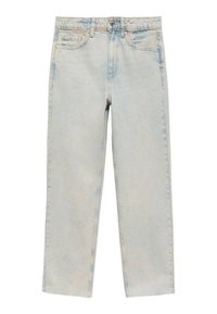 Svetlo prane denim hlače s ravnim krojem. Imajo pet žepov, zapiranje na gumb in vidne šive ob robovih.
