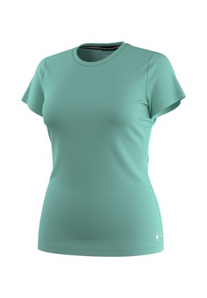 Dopasowany sportowy t-shirt damski w kolorze turkusowym, z krótkim rękawem i okrągłym dekoltem oraz małym logo w pobliżu lewego brzegu na dole.