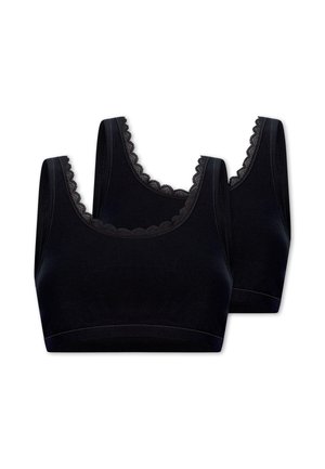 Two black seamless bras with wide straps and scalloped lace trim along the neckline, displayed on a white background.