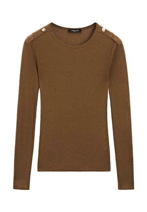 Brown long-sleeve sweater made of soft material, featuring a crew neck and button accents on the shoulder. Smooth texture, fitted design.