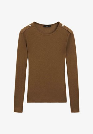 Bruine lange mouwen trui van zachte stof, met een ronde hals en knopenaccenten op de schouders. Soepele textuur, aansluitend ontwerp.