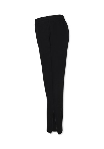 Zwarte, rekbare broek met een elastische tailleband, voorzien van een rits bij de enkel. Gladde textuur en taps toelopend ontwerp voor een aansluitende look.