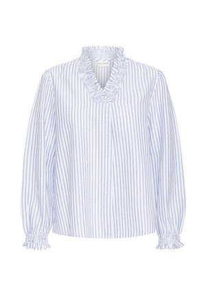 Šviesiai mėlyna ir balta su dryželiais palaidinė su raukiniais iškirpte ir ilgomis, surinktomis rankovėmis. Pagaminta iš minkštos, lengvos medžiagos.