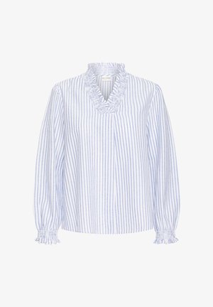 Vaaleansininen ja valkoinen raitainen pusero, jossa on frillakaulus ja pitkät, kerätyt hihat. Valmistettu pehmeästä ja kevyestä kankaasta.