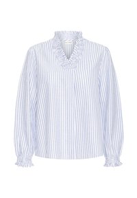 Lyseblå og hvide stribet bluse med flæsekant ved halsudskæringen og lange, opsamlede ærmer. Fremstillet af et blødt, let stof.