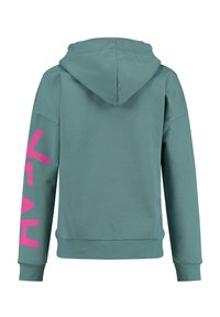 Felpa con cappuccio di color teal con grafica rosa "YEAH" sulla manica sinistra. Il materiale è morbido, con una vestibilità comoda e polsini a coste.