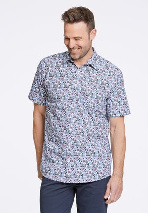 Chemise à manches courtes en coton léger, ornée d'un motif floral dans des teintes de bleu, vert et bordeaux. Col boutonné et poche.