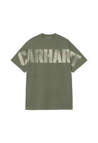Grünes Baumwoll-T-Shirt in lässiger Passform mit einem verblassten "CARHARTT"-Logo in einer helleren Farbe auf dem Rücken. Kurze Ärmel, Rundhalsausschnitt.
