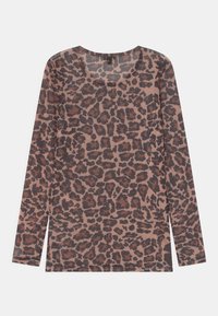 Camisola de mangas longas em tecido leve e transparente, com um padrão de estampa de leopardo em tons de castanho e preto, com um decote arredondado e fendas laterais.