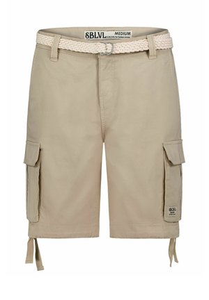 Beige cargo shorts with braided white belt, multiple side pockets, and adjustable hem drawstrings. Made of lightweight fabric. Size medium.