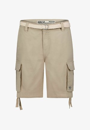 Beige cargo shorts with braided white belt, multiple side pockets, and adjustable hem drawstrings. Made of lightweight fabric. Size medium.
