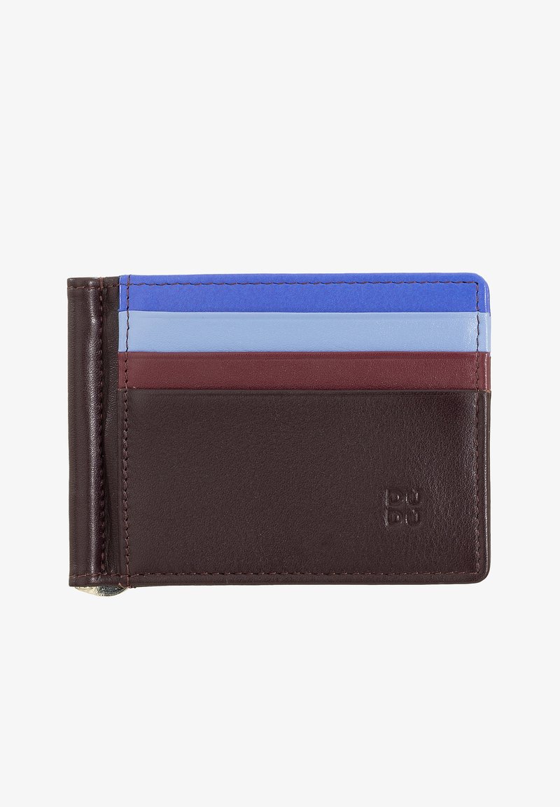 Brown leather wallet with four card slots in blue, light blue, and burgundy. Features a textured surface and embossed branding detail.