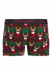 Kratke hlače u blagdanskom uzorku crvene i zelene karirane tkanine s jelekom u naočalama. Mekani materijal s elastičnom gumom koja nosi oznaku "JACK & JONES".