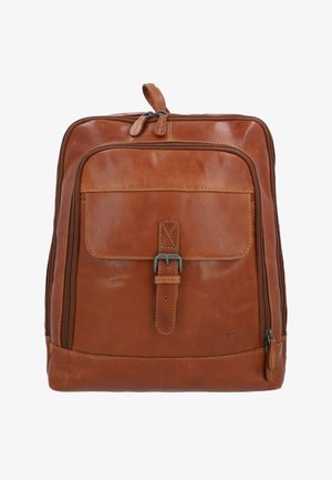 Brun læder rygsæk med en lynlåset hovedrum, frontlomme og justerbar rem. Har metalspænde og syninger som detaljer.
