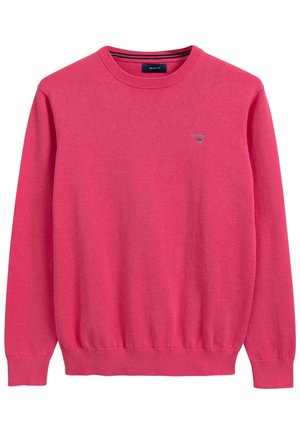 Suéter rosa de cuello redondo con mangas largas y puños, dobladillo y escote acanalados, con un pequeño logo bordado en el pecho.