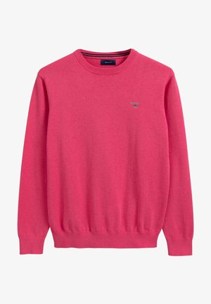 Rosa Rundhalspullover mit langen Ärmeln und gerippten Bündchen, Saum und Ausschnitt, mit einem kleinen gestickten Logo auf der Brust.