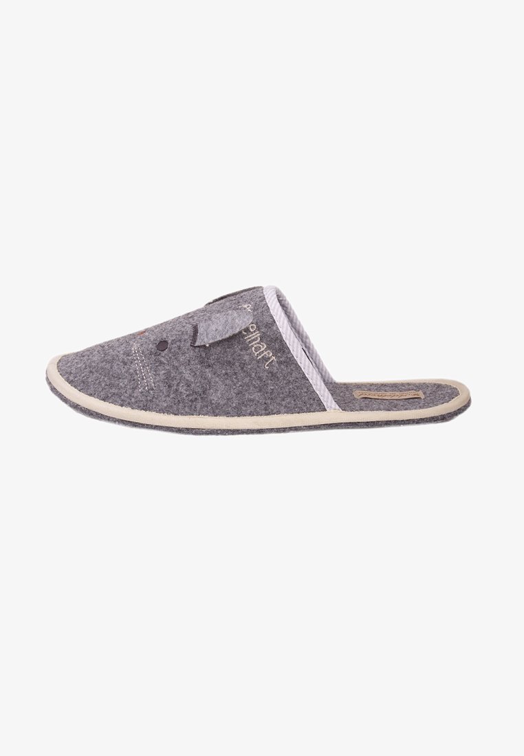 Gray felt slipper with a rounded shape, textured upper, white trim, and small design details resembling a mouse face. Soft and cozy.