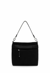 Borsa a tracolla nera in pelle liscia con una tracolla testurizzata, dotata di una tasca anteriore con zip e di una singola tracolla.