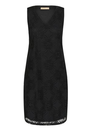 Black sleeveless dress featuring a V-neckline and intricate floral lace pattern. Hem has a scalloped lace trim detail.