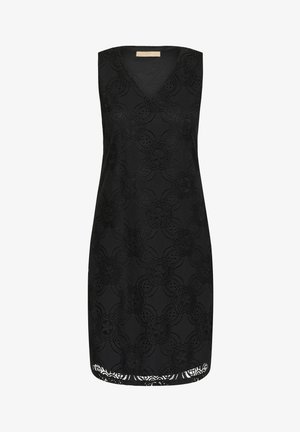 Vestido negro sin mangas con un escote en V y un intrincado patrón de encaje floral. El dobladillo tiene un detalle de puntilla con forma de cascada.