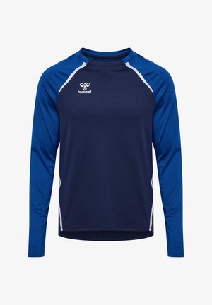 Langarm sportshirt in marineblauw met lichtblauwe accenten. Heeft ademend materiaal, een ronde halslijn en een logo op de borst.