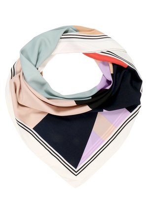 Foulard carré plié en boucle avec des blocs de couleur géométriques en bleu pastel, beige, noir, violet, rouge et blanc avec des bordures à rayures noires.