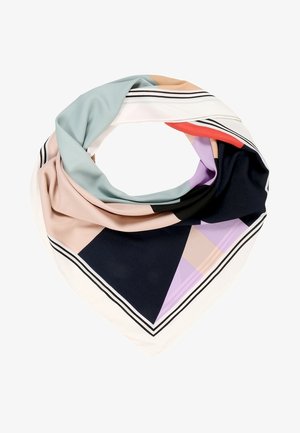 Foulard carré plié en boucle avec des blocs de couleur géométriques en bleu pastel, beige, noir, violet, rouge et blanc avec des bordures à rayures noires.