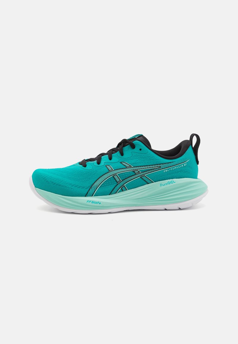 Des chaussures de course teal avec des accents noirs, présentant un matériau supérieur texturé, une semelle courbée et des éléments de design réfléchissants sur le côté.