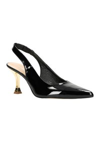 Pumps slingback in vernice nera con punta affusolata, tacco dorato con base quadrata e cinturino elastico per una vestibilità sicura.