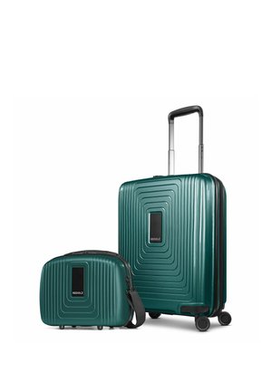 Grüner Hartschalenkoffer mit ausziehbarem Griff und vier Rollen, begleitet von einer passenden grünen Hartschalen-Kosmetiktasche mit Schultergurt.