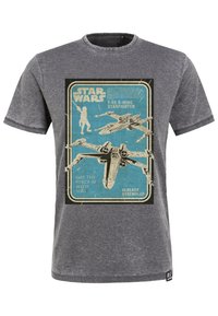 Gray short-sleeve T-shirt featuring a vintage-style graphic of the T-65 X-Wing Starfighter and text on a blue background.