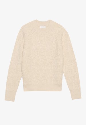 Sweter robiony na drutach w kremowym kolorze z wzorem liści, okrągłym dekoltem i ściągaczami. Miękka tekstura i lekko luźny krój.