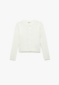 Weißer Strickcardigan mit einem strukturierten Kabeldesign, V-Ausschnitt und fünfknöpfigem Verschluss. Weicher Stoff mit gerippten Bündchen und Saum.