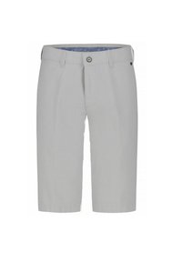Light gray shorts made of smooth fabric, featuring a button closure, belt loops, and a patterned inner waistband. Classic straight cut.
