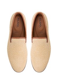Beige woven slip-on shoes with brown leather accents and a smooth interior lining. Features a rounded toe and durable outsole. ALDO branding inside.