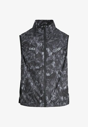 Fekete, ujjatlan mellény, texturált, absztrakt mintával, magas gallérral és elülső cipzárral. A mellkason ezüst színű "CNZ" logó található.