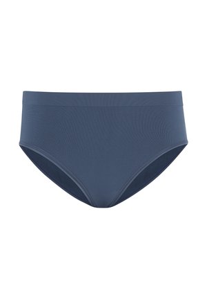 Blå höga bikiniunderdelar gjorda av ett slätt tyg. Har en sömlös midja och låga benöppningar för komfort och täckning.