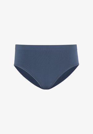 Niebieskie bikini o wysokim stanie wykonane z gładkiego materiału. Posiada bezszwowy pasek w talii oraz niskie wycięcia na nogawki dla komfortu i zakrycia.