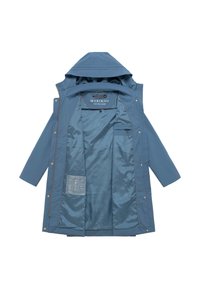 Blauer Kapuzen-Regenmantel, offen, um das glatte Innenfutter, die Brusttasche mit Reißverschluss und Druckknöpfe entlang der Vorderseite zu zeigen.