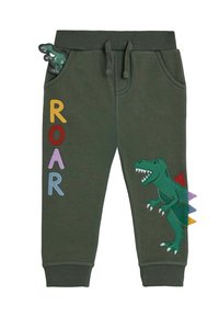 Zielone dresy z bawełny z motywem dinozaura, z wielokolorowymi haftowanymi literami tworzącymi słowo "ROAR" oraz trójwymiarowymi kolcami po boku.