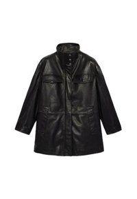 Svart läderjacka med hög krage, två bröstfickor och två sidfickor, med rak passform och tryckknappsstängningar.