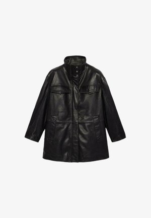 Black leather jacket featuring a high collar, two chest pockets, and two side pockets, with a straight cut and snap button closures.