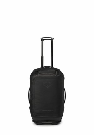 Duffle bag à roues noires avec poignée télescopique, en tissu robuste, détail de logo et poignées de transport latérales. Conçu pour le voyage et le transport.