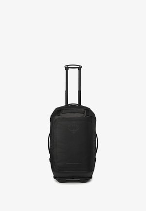 Schwarze Rollreisetasche mit Teleskopgriff, robustem Stoff, Logodetail und seitlichen Tragegriffen. Entwickelt für Reisen und Transport.